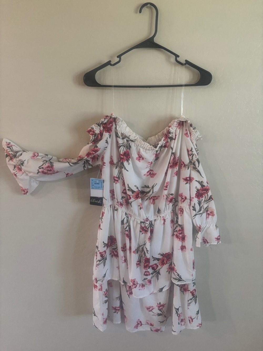 Off-Shoulder White Midi Dress with Pink Floral Print